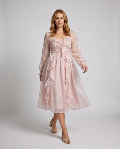 Damen Elegantes Rüschenmaxikleid mit Taillierung und schmalen langen Ärmeln