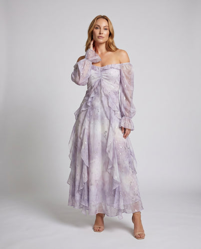 Damen Elegantes schulterfreies Maxikleid mit Rüschendetails und floralem Design