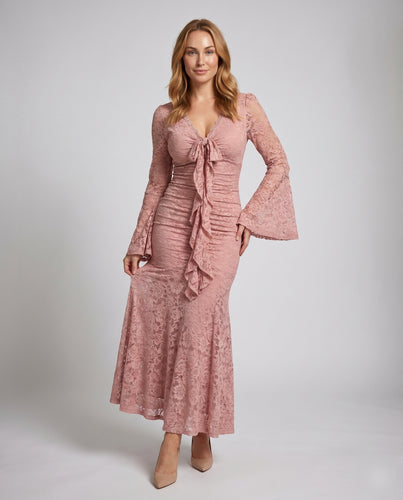 Damen Elegantes Spitzen-Maxikleid mit fließendem Schnitt und Rüschenakzenten