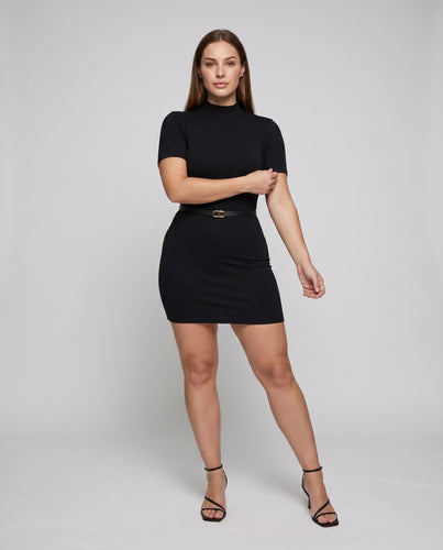 Damen figurbetontes Kurzkleid mit Stehkragen und Taillengürtel