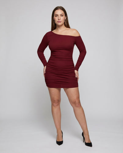 Damen Figurbetontes Langarmkleid mit asymmetrischem Ausschnitt und elegantem Rüschenabschluss