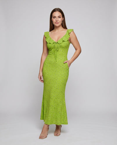 Damen figurbetontes Langarmkleid mit raffinierten Rüschen und Dekolleté
