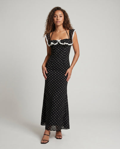 Damen Figurbetontes Maxikleid mit Puffärmeln und stilvollem Punkten