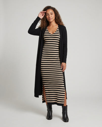Damen Figurbetontes Maxikleid mit tiefem V-Ausschnitt und Streifenmuster