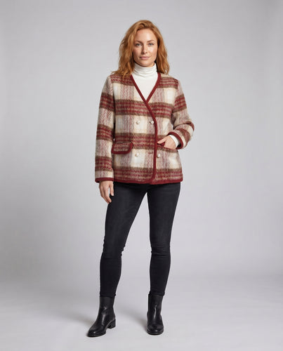 Damen Gemusterter Boucle-Blazer mit eleganten Knöpfen und geschnittenem Kragen