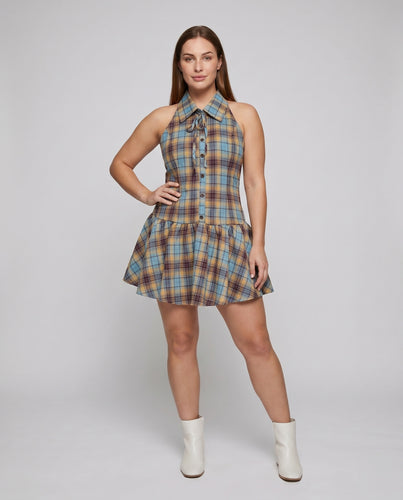 Damen Karierter Freizeit-Sommerkleid mit schickem Kragen und verspielten Rüschendetails