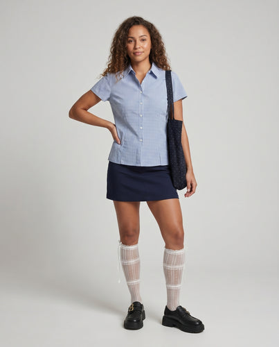 Damen Karo Bluse mit kurzen Ärmeln und Schulter-Rüschen