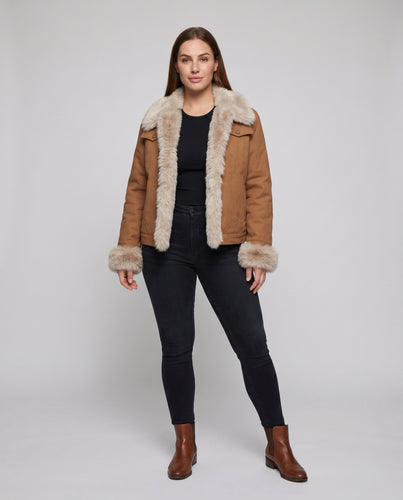 Damen Kunstlederjacke mit hochwertigem Kunstfellkragen und modischem Schnitt