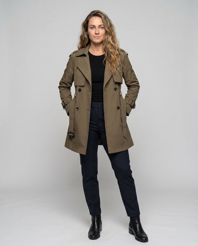 Damen Kurztrenchcoat mit doppelter Knopfleiste und taillierbarem Gürtel