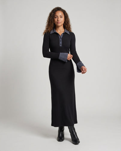 Damen Langarmkleid mit Kragen und asymmetrischen Ärmelabschlüssen