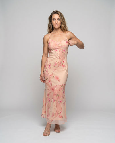 Damen langes Chiffonkleid mit floralem Muster und elegantem Ausschnitt