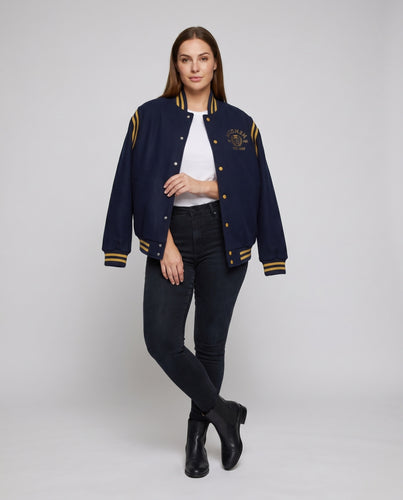 Damen lässige Collegejacke mit gestreiften Ärmeln und Logo-Detail