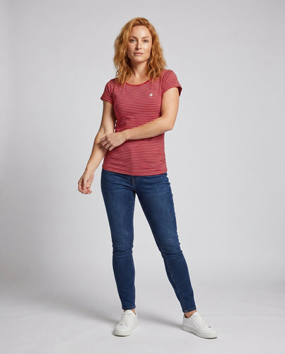 Damen lässiges Kurzarmshirt mit maritimer Streifenoptik und modischen Raffungselementen