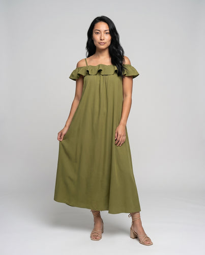 Damen luftiges Sommerkleid mit schulterfreiem Design und Rüschenhöhe