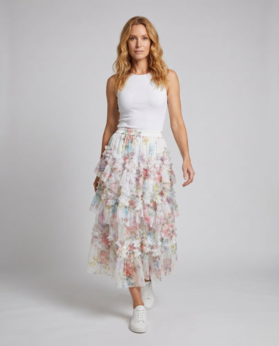 Damen Maxi-Rock mit verspielten Rüschendetails und floralem Muster