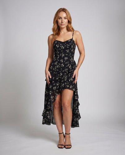Damen Maxikleid mit asymmetrischem Saum und floralem Muster