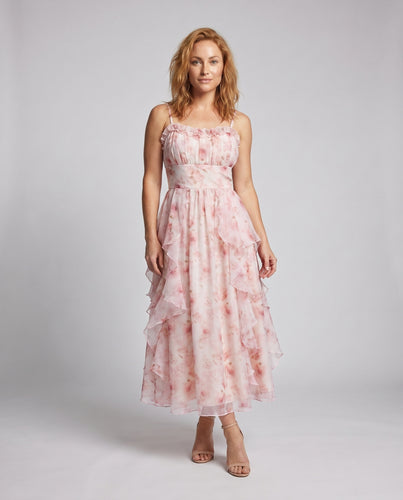 Damen Maxikleid mit fließendem Rock und verspielten Rüschendetails
