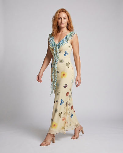 Damen Maxikleid mit floralem Design und Rüschendetails
