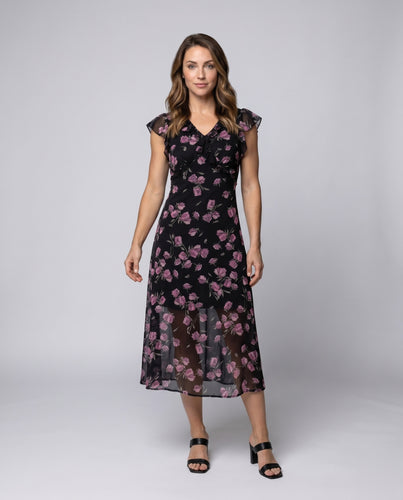 Damen Maxikleid mit floralen Applikationen und transparenter Chiffon-Optik