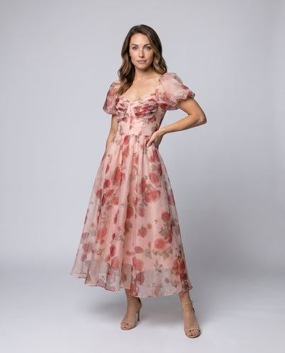 Damen Maxikleid mit floralen Rüschen und transparentem Chiffon
