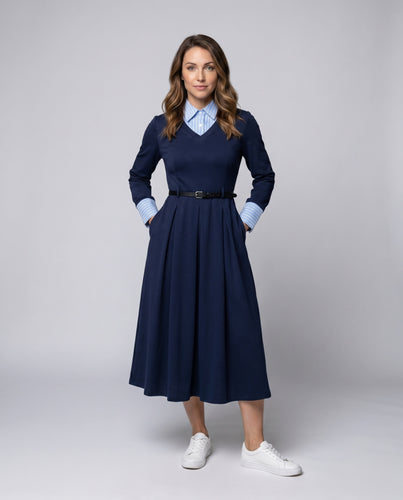 Damen Maxikleid mit gestreiften Ärmelabschlüssen und tailliertem Gürtel