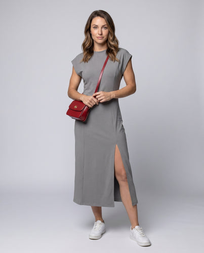 Damen Maxikleid mit hohem Schlitz und modernem Stehkragen