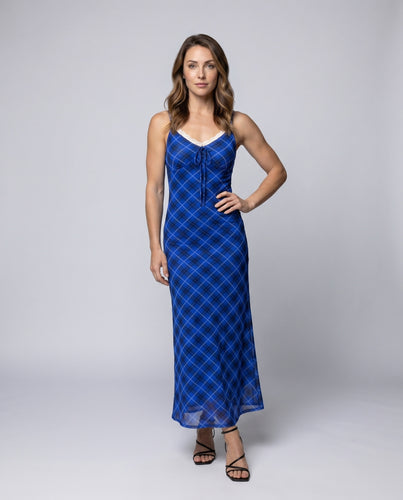 Damen Maxikleid mit Karo-Muster und seitlicher Schnürung