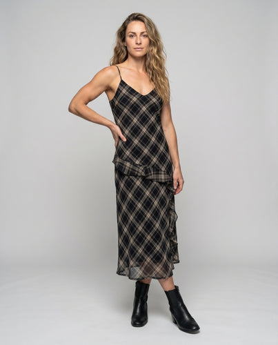 Damen Maxikleid mit raffiniertem Karo-Muster und verspielten Rüschendetails
