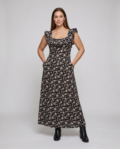 Damen Maxikleid mit romantischen Rüschen und floralem Design