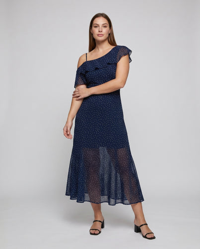 Damen Maxikleid mit schulterfreiem Design und verspieltem Rüschensaum