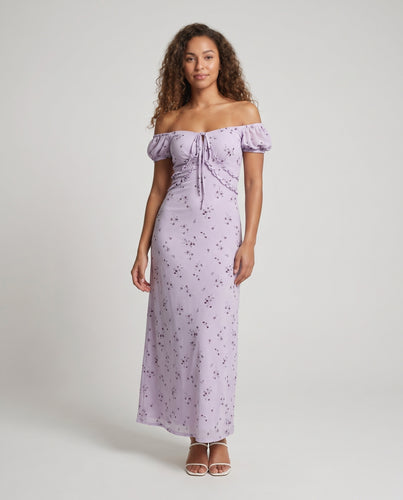 Damen Maxikleid mit schulterfreier Passform und verspielten Rüschendetails