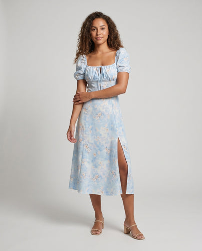 Damen Maxikleid mit voluminösen Puffärmeln und schmeichelhaftem Schlitz