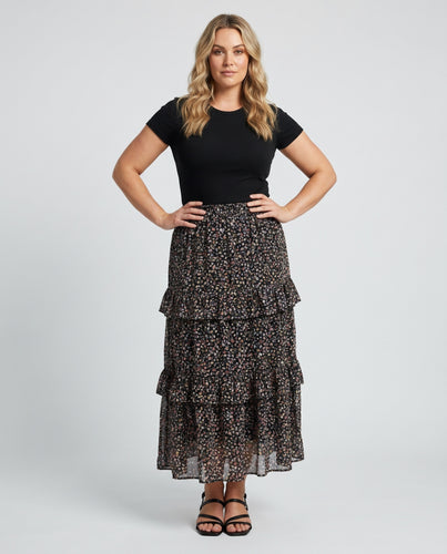 Damen Maxirock mit floralen Rüschendetails und elastischem Bund