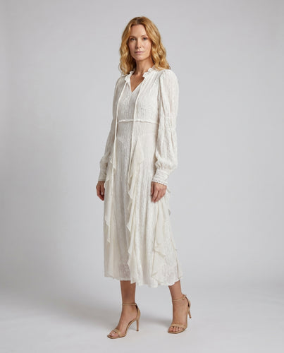 Damen Midi-Rüschenkleid mit eleganten Langarm und dekorativen Schnürdetail