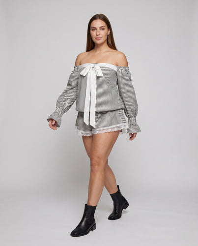 Damen Off-Shoulder Blusenshirt mit Rüschendetails und Schleifenakzent