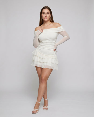 Damen Off-Shoulder Kleid mit voluminösem Rüschensaum