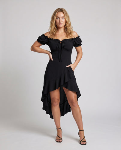 Damen Off-Shoulder Rüschenkleid mit asymmetrischem Saum und Bindeband