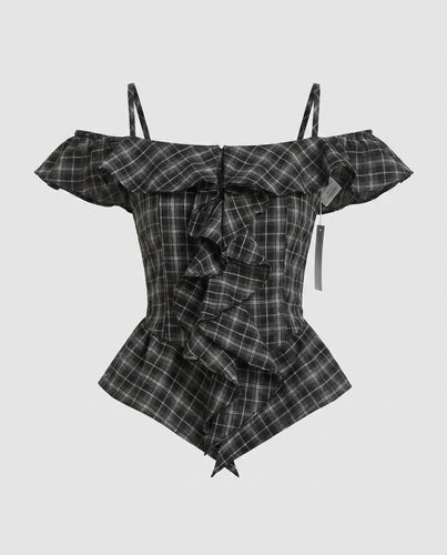 Damen Rüschenshirt mit karierter Optik und schulterfreien Trägern