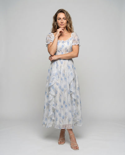 Damen Traumhaftes Maxikleid mit floralen Rüschen und abnehmbaren Trägern