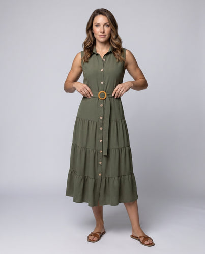 Damen ärmelloses Baumwollkleid mit einem eleganten Taillengürtel und knopfverzierten Volants