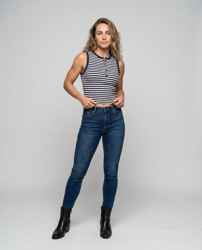 Damen ärmelloses Ringelshirt mit Knopfleiste und figurbetontem Schnitt