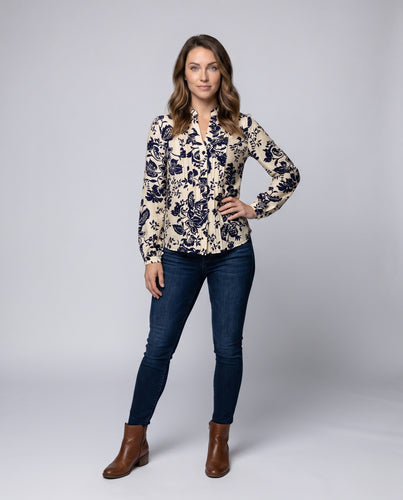 Damen Bluse mit floralem Muster und eleganter Knopfleiste
