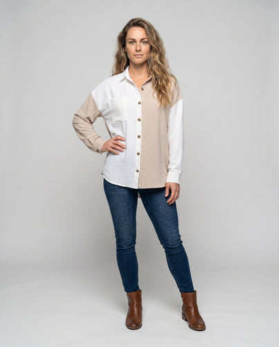 Damen Bluse mit modernem Farbblock-Design und exklusiven Knopfdetails