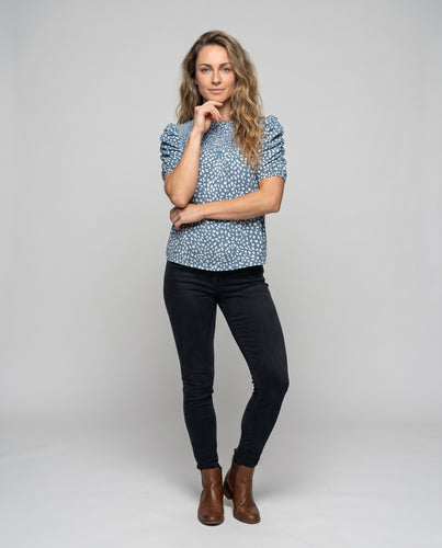 Damen Bluse mit Puffärmeln und detailliertem Punktmuster