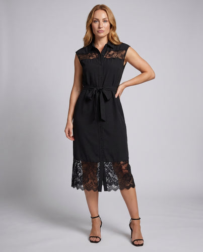Damen Blusenkleid mit Spitzenakzenten und Bindegürtel