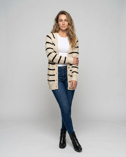 Damen Cardigan mit Streifenmuster und modischen Knöpfen