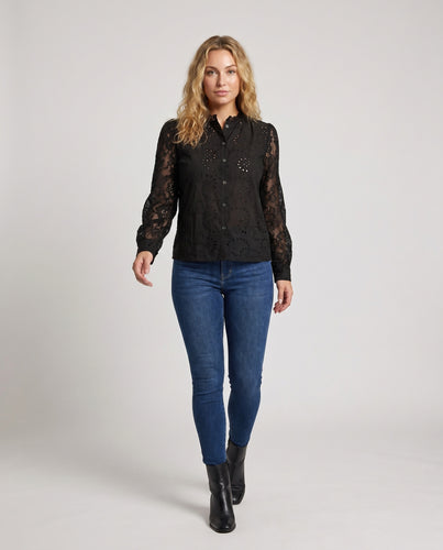 Damen Elegante Bluse mit filigraner Spitzenverarbeitung und Knopfdetails