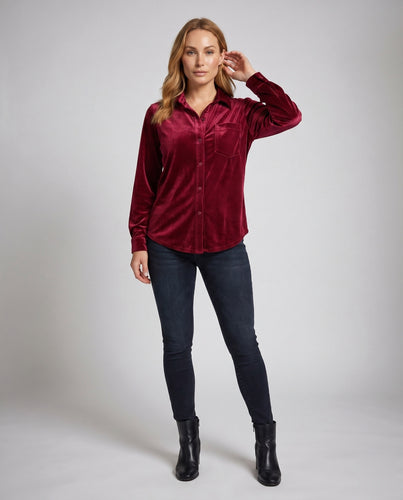 Damen Elegante Samtbluse mit Brusttasche und modischem Schnitt