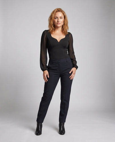 Damen eleganter Body mit tiefem V-Ausschnitt und transparenten Ärmeln