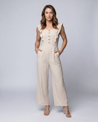 Damen Eleganter Jumpsuit mit Rüschen und dekorativen Knopfdetails